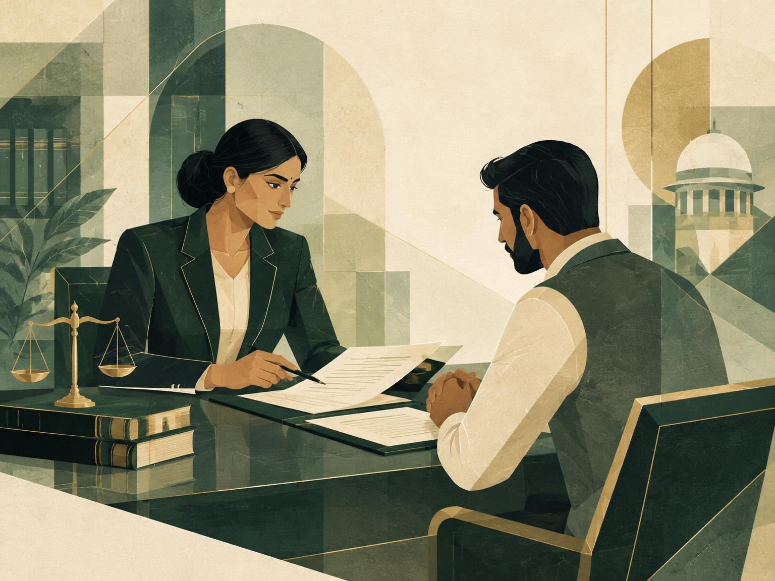 Illustration of a lawyer and client reviewing legal documents