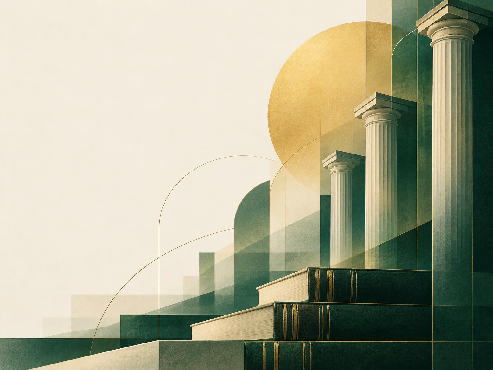 Abstract courthouse pillars and legal volumes in green and gold